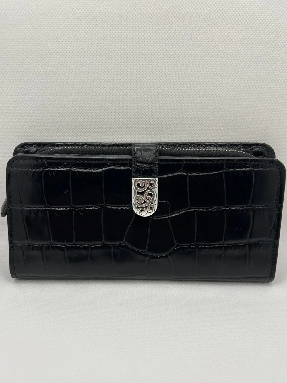 Brighton Black Croc-Embossed Leather Wallet with Silver Accents